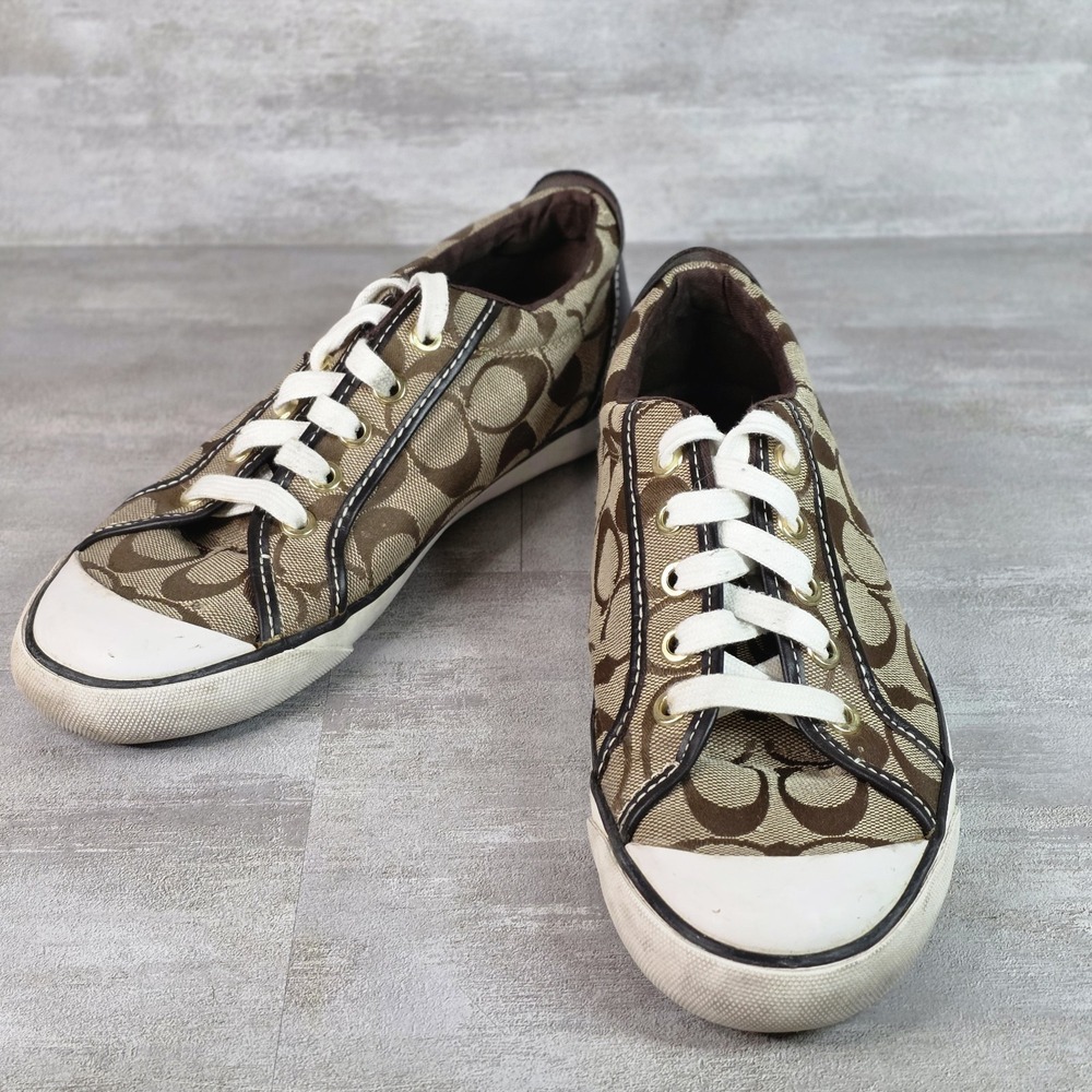 Coach Barrett Monogram Tan Brown Lace Up Sneakers Shoes Women's Size 7.5B Read
